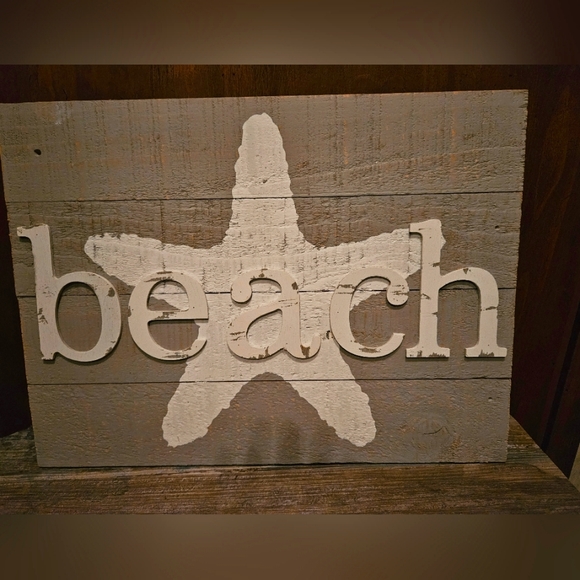None Other - Wood Beach Sign,  Grey & White, 15"W X 11" T.